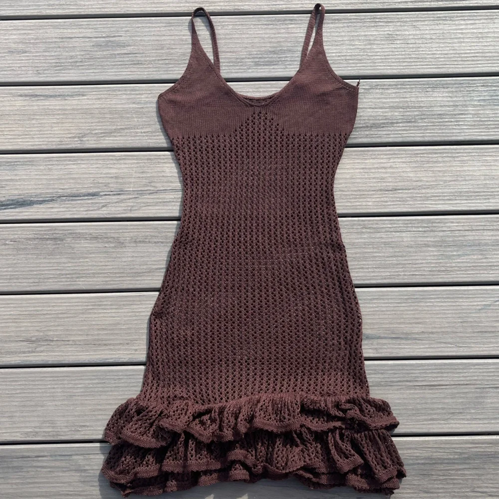 Brown Fishnet; Slip On; Swim Cover Dress; Spaghetti Straps; Ruffled Bottom; L - Picture 3 of 10